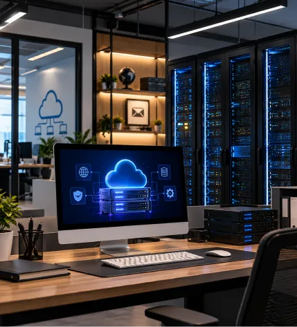 Team managing cloud hosting in a server room