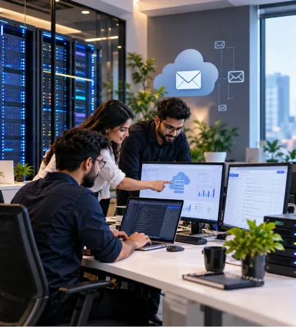 Business email and cloud hosting on a laptop and phone