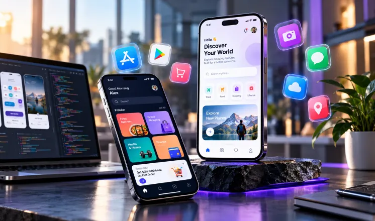 Mobile application screens on phones and a tablet