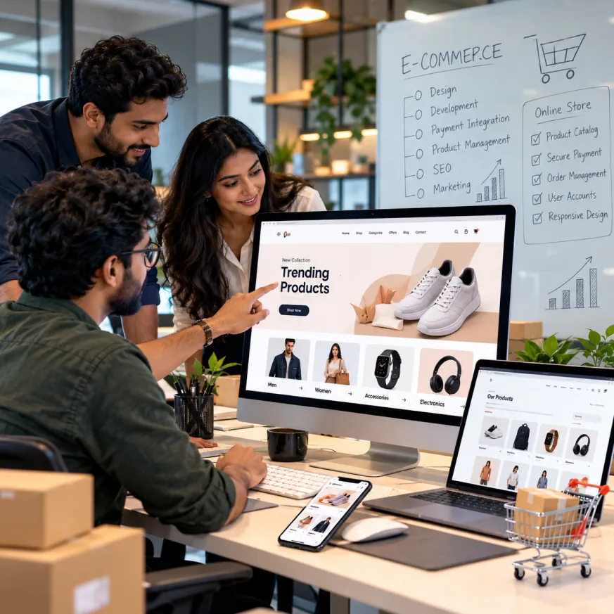 A team planning an online store beside an e-commerce website on screen