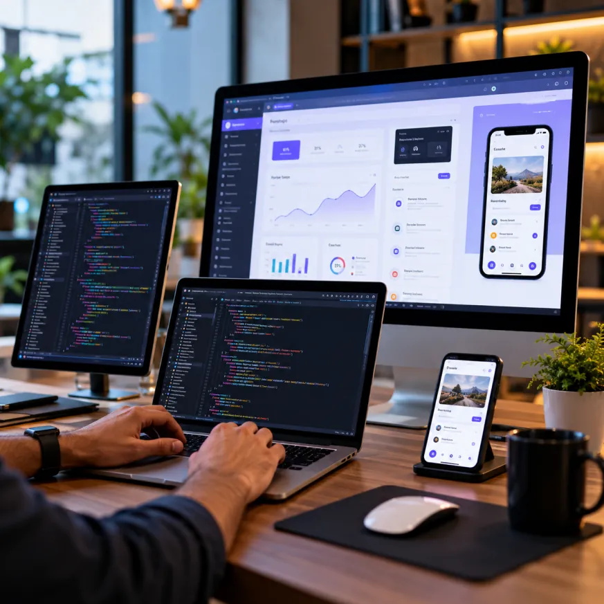 A developer working on a web application dashboard and mobile screen
