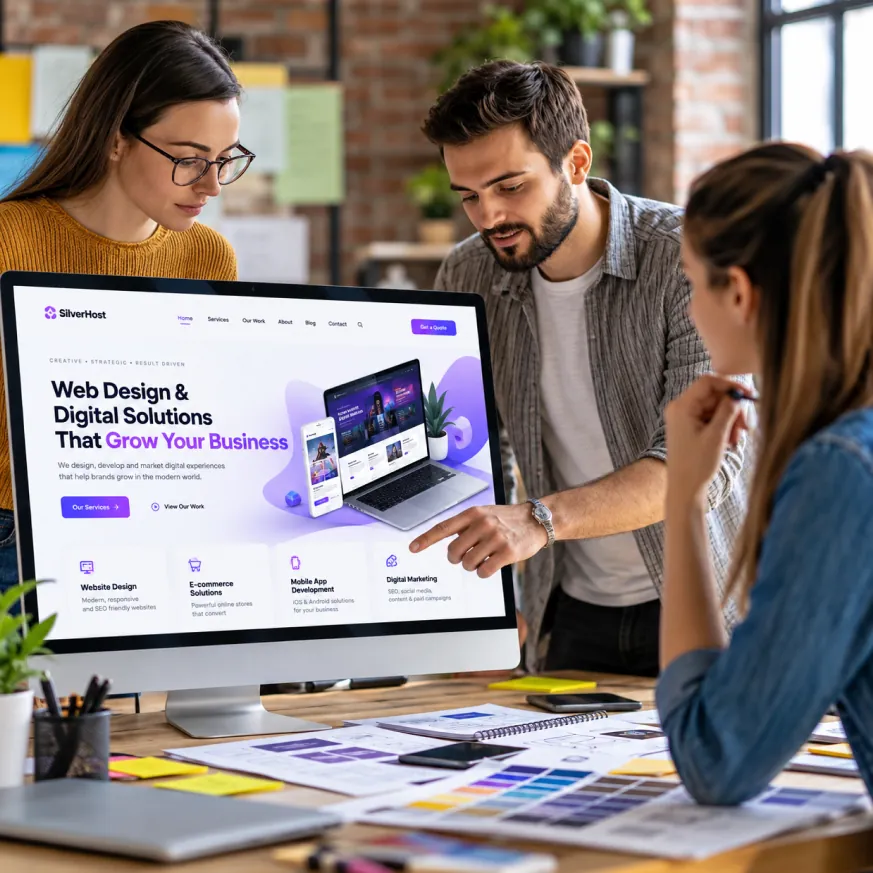 A design team reviewing a website design on screen